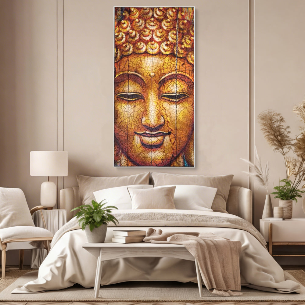 Tablou canvas cu tablou canvas cu chipul lui buddha, in rama de aluminiu argintiu, pe perete intr-un dormitor